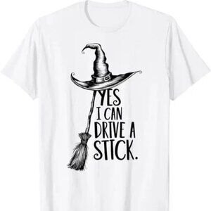 Funny Witch “Yes I Can Drive A Stick” Halloween Graphic T-Shirt